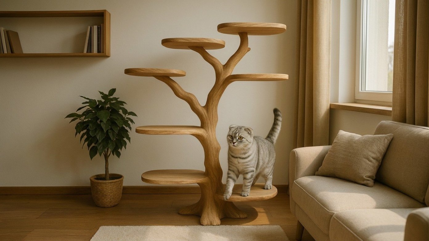 Katze steht auf einem baumförmigen Kratzbaum aus Holz in einem hellen Wohnzimmer mit Zimmerpflanze