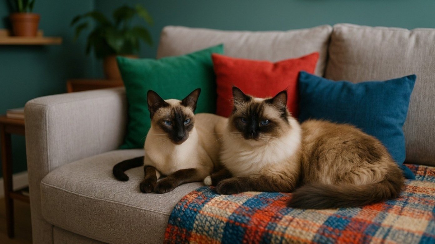 Zwei Siamkatzen liegen entspannt nebeneinander auf einem Sofa mit bunten Kissen und Decke
