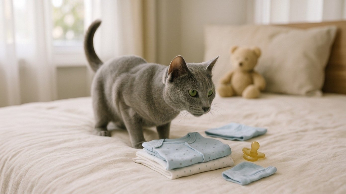Graue Katze beschnuppert gestapelte Babykleidung auf einem Bett, daneben Teddybär und Schnuller