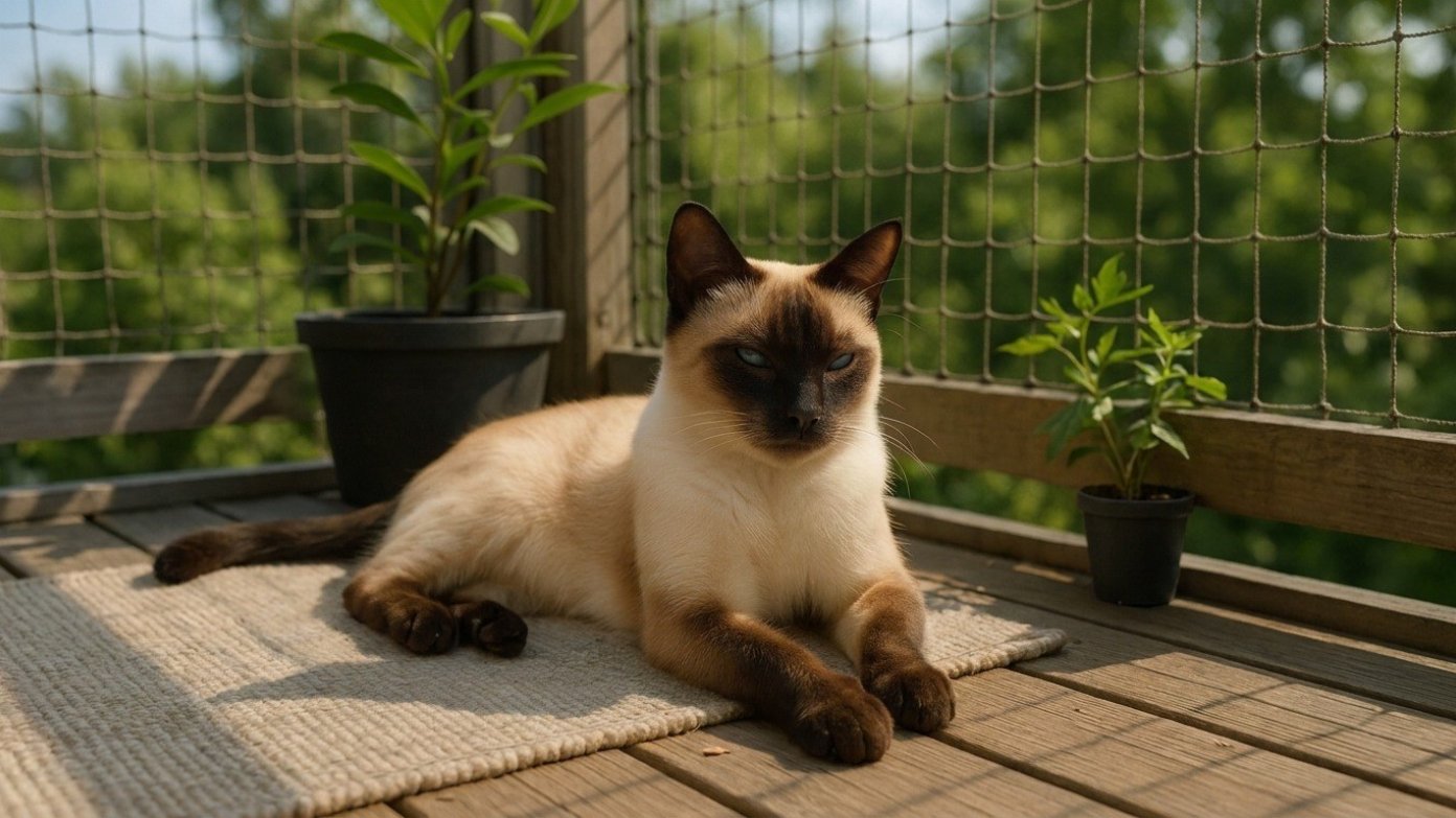 Siamkatze liegt in der Sonne auf einem Balkon, dahinter ein gespanntes Katzennetz und Pflanzen