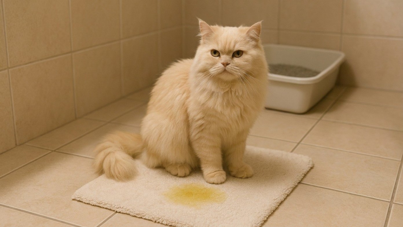 Cremefarbene Langhaarkatze sitzt im Bad auf einem Vorleger mit Urinfleck, daneben die Katzentoilette