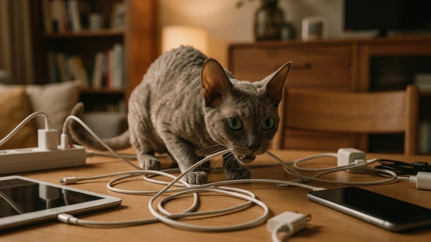 Kurzhaarkatze steht auf einem Tisch und kaut an Ladekabeln zwischen Tablet, Handy und Netzteilen