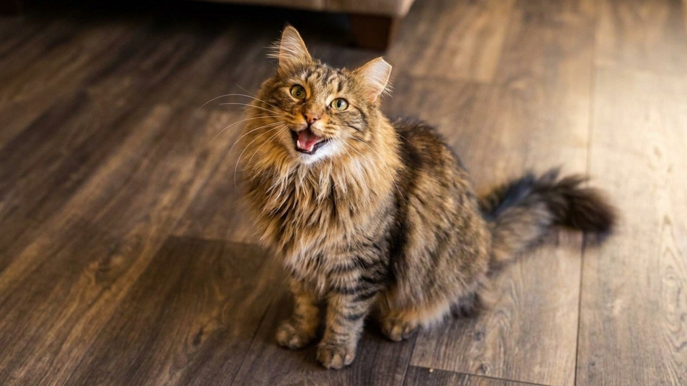 Langhaarige getigerte Katze sitzt auf dem Holzboden, blickt nach oben und miaut mit offenem Maul