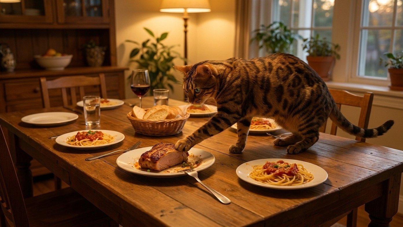 Bengalkatze läuft über einen gedeckten Esstisch und greift mit der Pfote nach dem Braten auf einem Teller