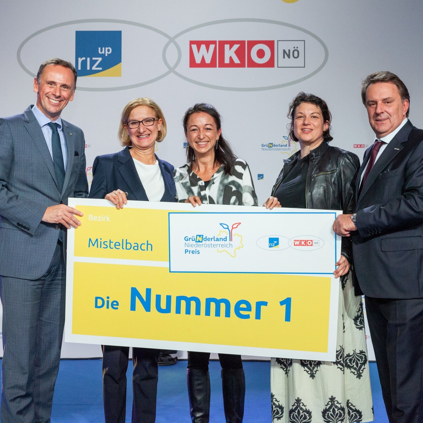 Preisverleihung Gründerland Niederösterreich 2022: fünf Personen halten gemeinsam die Auszeichnungstafel