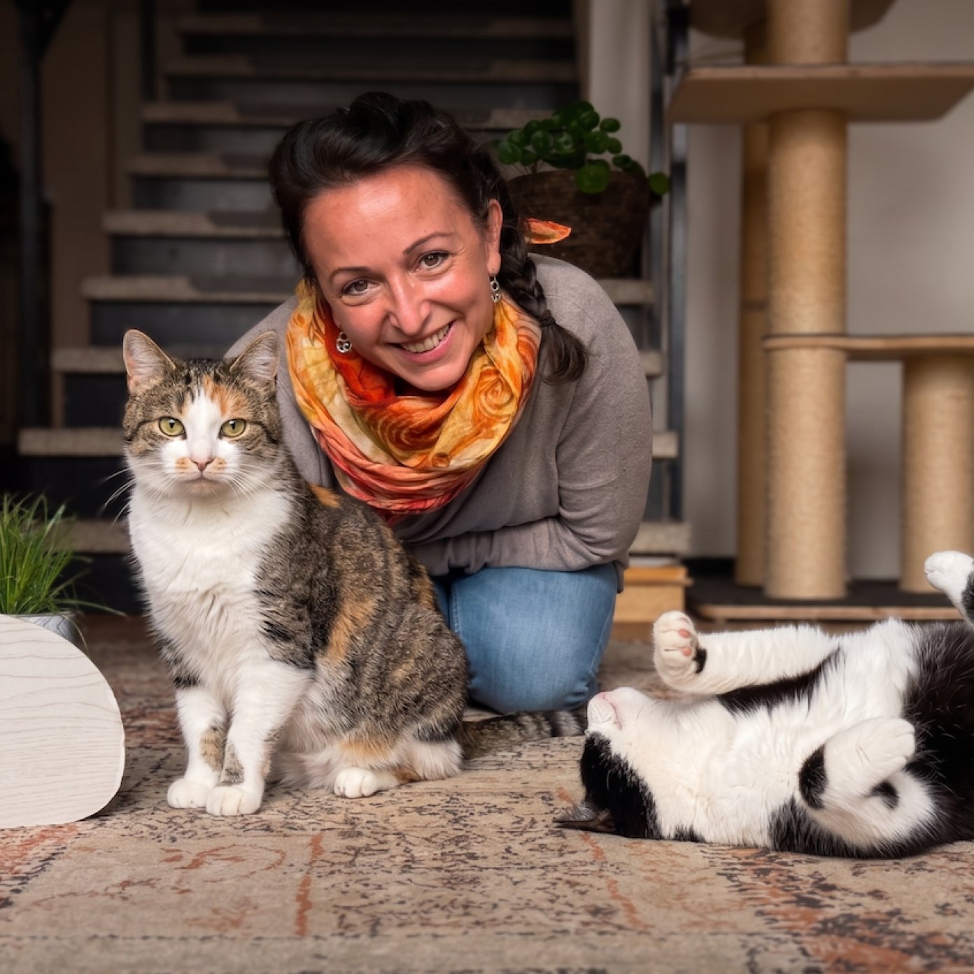 Sonja Hurter kniet zwischen zwei ihrer Katzen auf einem Teppich, im Hintergrund ein Kratzbaum